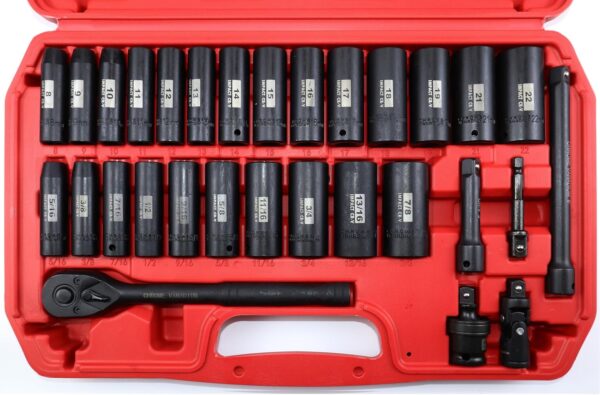 GTYPRO 30 Pieces 3/8″ Drive Master Impact Socket Set Includes Extension Bar Adapters & Ratchet Handle