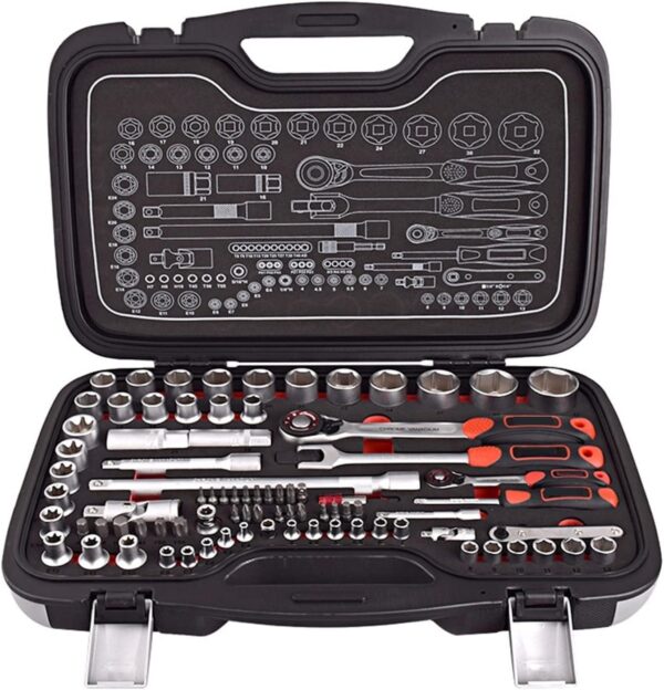 24pcs 3/8’’ impact sockets [SAE]:5/16,3/8,7/16,1/2,9/16,5/8,11/16,3/4,13/16,7/8 [METRIC]:8mm,9mm,10mm,11mm,12mm,13mm,14mm,15mm,16mm,17mm,18mm,19mm,21mm,22mm 2pcs Extension Bars: 3″, 6″ 1pcs 3/8″ Universal Joint 1pcs 3/8″ Impact Universal Joint 1pcs 3/8″ Ratchet Handle 1pcs 3/8″drill adaptor