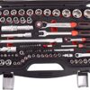 24pcs 3/8’’ impact sockets [SAE]:5/16,3/8,7/16,1/2,9/16,5/8,11/16,3/4,13/16,7/8 [METRIC]:8mm,9mm,10mm,11mm,12mm,13mm,14mm,15mm,16mm,17mm,18mm,19mm,21mm,22mm 2pcs Extension Bars: 3″, 6″ 1pcs 3/8″ Universal Joint 1pcs 3/8″ Impact Universal Joint 1pcs 3/8″ Ratchet Handle 1pcs 3/8″drill adaptor