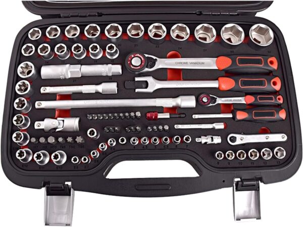 24pcs 3/8’’ impact sockets [SAE]:5/16,3/8,7/16,1/2,9/16,5/8,11/16,3/4,13/16,7/8 [METRIC]:8mm,9mm,10mm,11mm,12mm,13mm,14mm,15mm,16mm,17mm,18mm,19mm,21mm,22mm 2pcs Extension Bars: 3″, 6″ 1pcs 3/8″ Universal Joint 1pcs 3/8″ Impact Universal Joint 1pcs 3/8″ Ratchet Handle 1pcs 3/8″drill adaptor