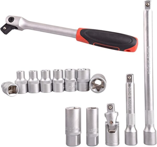 24pcs 3/8’’ impact sockets [SAE]:5/16,3/8,7/16,1/2,9/16,5/8,11/16,3/4,13/16,7/8 [METRIC]:8mm,9mm,10mm,11mm,12mm,13mm,14mm,15mm,16mm,17mm,18mm,19mm,21mm,22mm 2pcs Extension Bars: 3″, 6″ 1pcs 3/8″ Universal Joint 1pcs 3/8″ Impact Universal Joint 1pcs 3/8″ Ratchet Handle 1pcs 3/8″drill adaptor