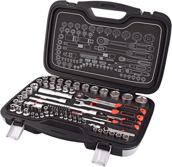 24pcs 3/8’’ impact sockets [SAE]:5/16,3/8,7/16,1/2,9/16,5/8,11/16,3/4,13/16,7/8 [METRIC]:8mm,9mm,10mm,11mm,12mm,13mm,14mm,15mm,16mm,17mm,18mm,19mm,21mm,22mm 2pcs Extension Bars: 3″, 6″ 1pcs 3/8″ Universal Joint 1pcs 3/8″ Impact Universal Joint 1pcs 3/8″ Ratchet Handle 1pcs 3/8″drill adaptor